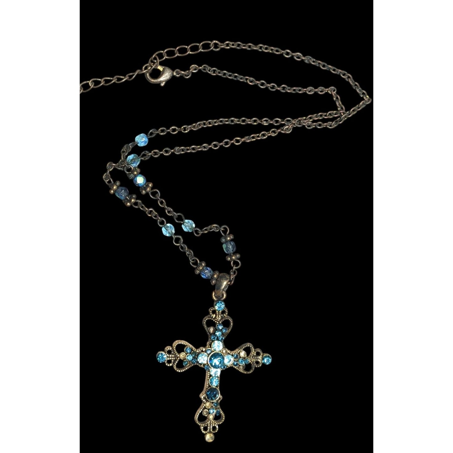 Whimsygoth Blue And Gold Tone Rhinestone Cross Necklace