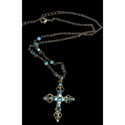 Whimsygoth Blue And Gold Tone Rhinestone Cross Necklace