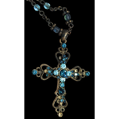 Whimsygoth Blue And Gold Tone Rhinestone Cross Necklace