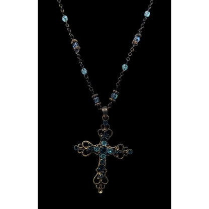 Whimsygoth Blue And Gold Tone Rhinestone Cross Necklace