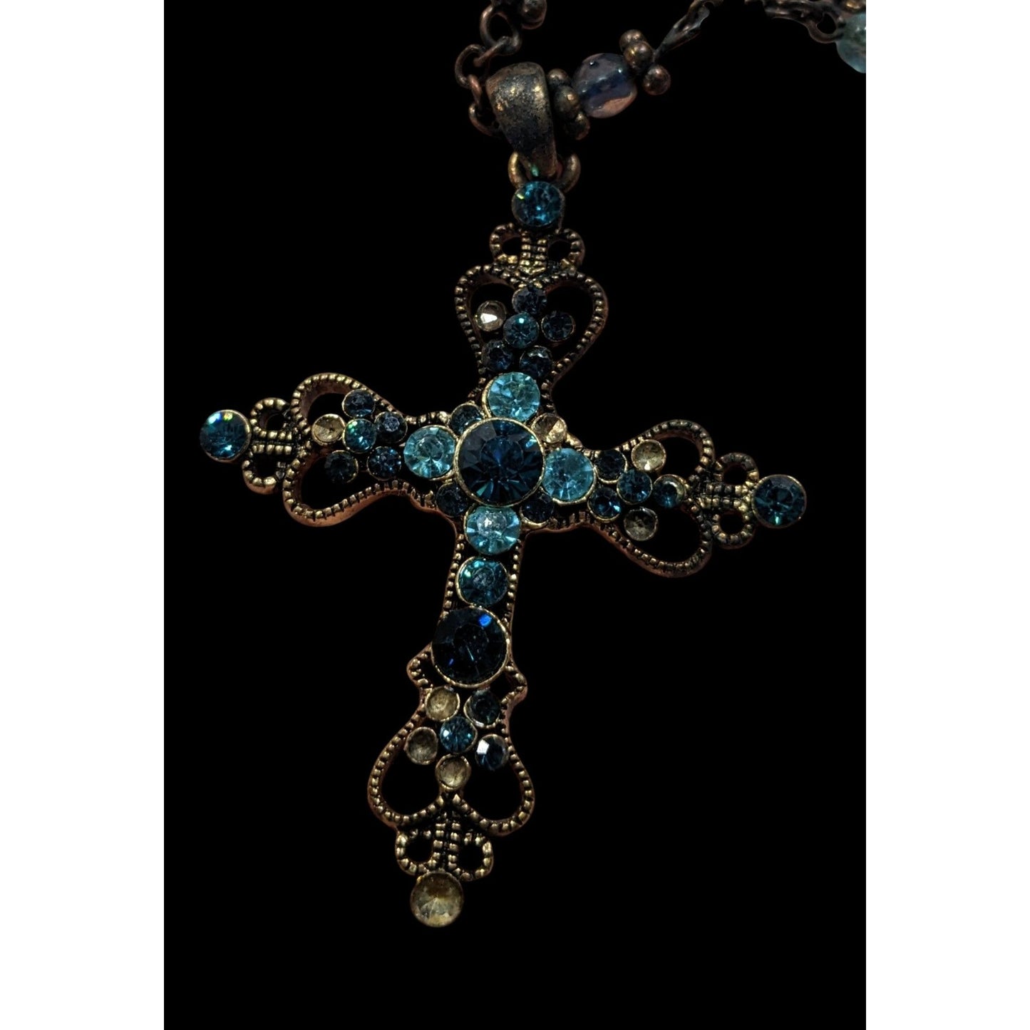 Whimsygoth Blue And Gold Tone Rhinestone Cross Necklace