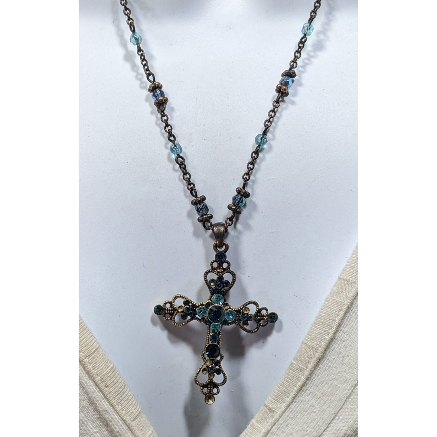 Whimsygoth Blue And Gold Tone Rhinestone Cross Necklace