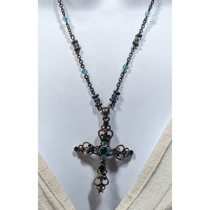 Whimsygoth Blue And Gold Tone Rhinestone Cross Necklace
