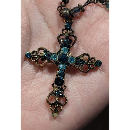 Whimsygoth Blue And Gold Tone Rhinestone Cross Necklace