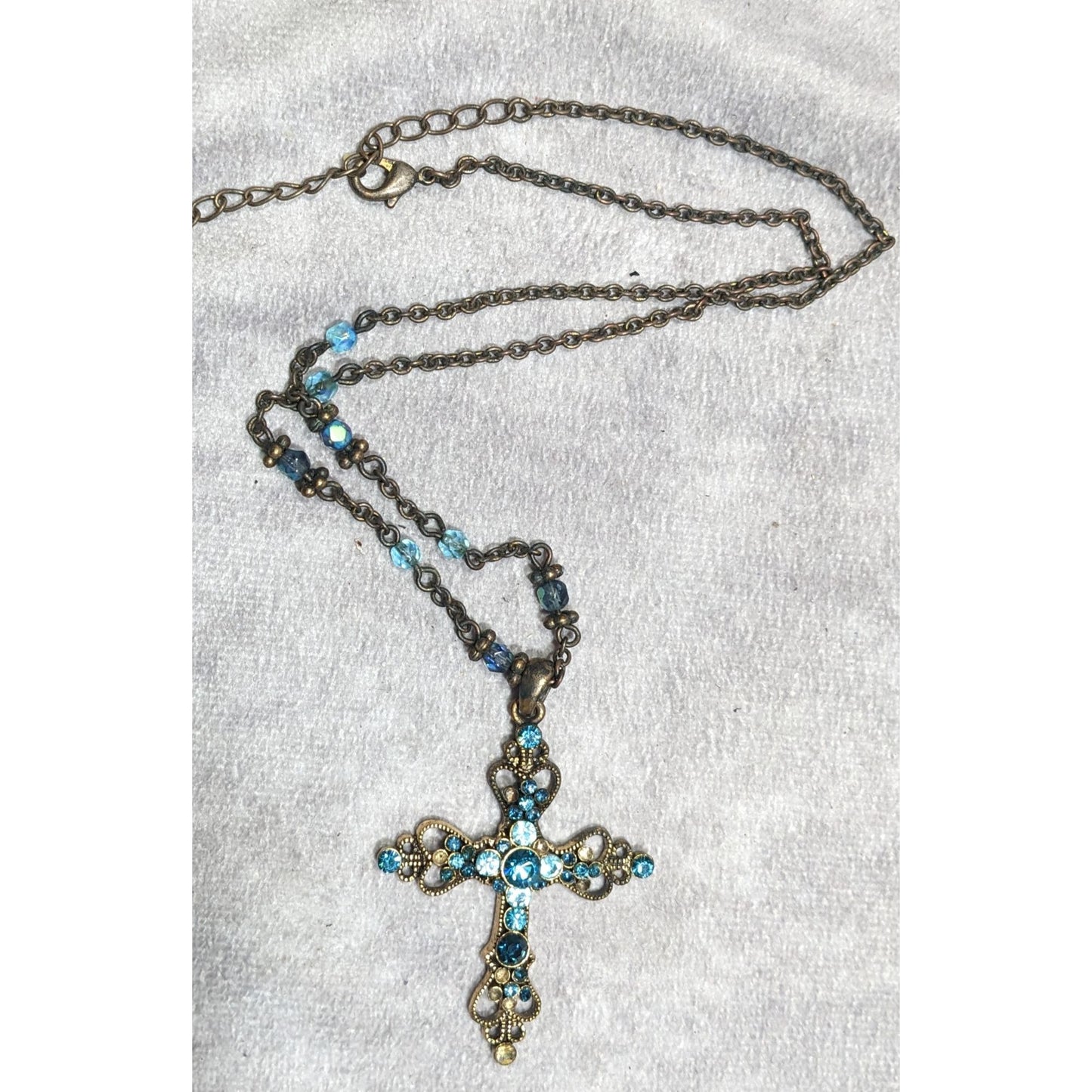 Whimsygoth Blue And Gold Tone Rhinestone Cross Necklace