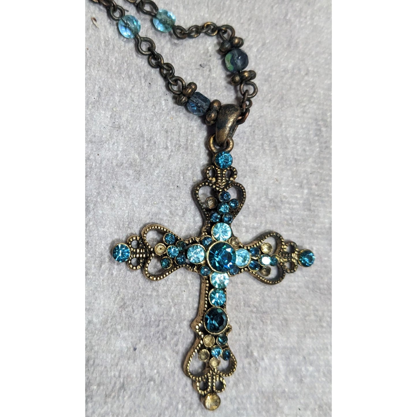 Whimsygoth Blue And Gold Tone Rhinestone Cross Necklace