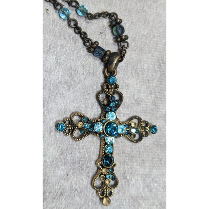Whimsygoth Blue And Gold Tone Rhinestone Cross Necklace