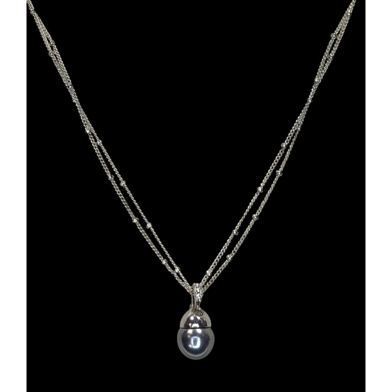 Minimalist Dainty Silver Tone Double-Strand Necklace With Silver Pearl Drop Pendant