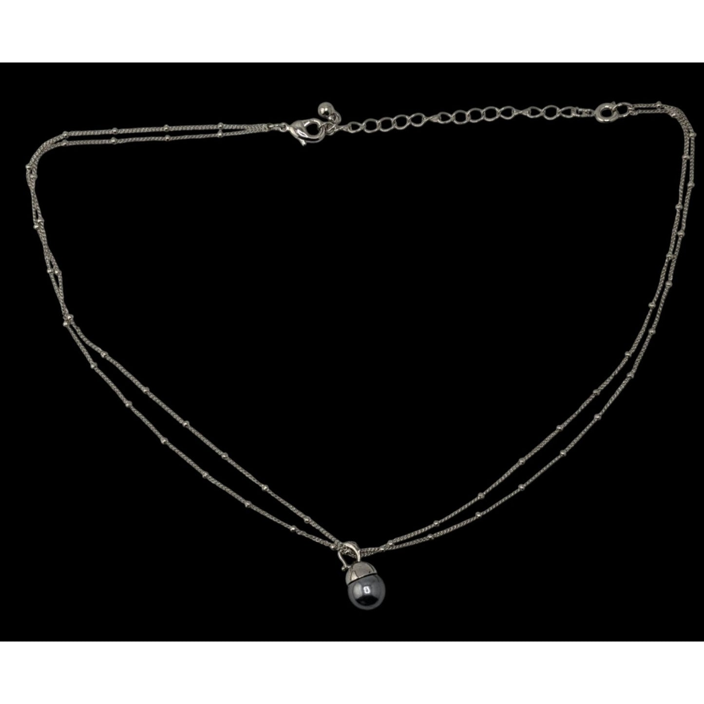 Minimalist Dainty Silver Tone Double-Strand Necklace With Silver Pearl Drop Pendant