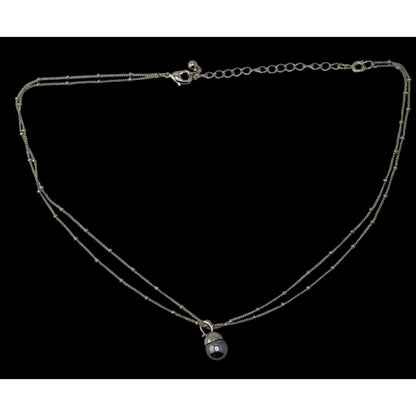 Minimalist Dainty Silver Tone Double-Strand Necklace With Silver Pearl Drop Pendant