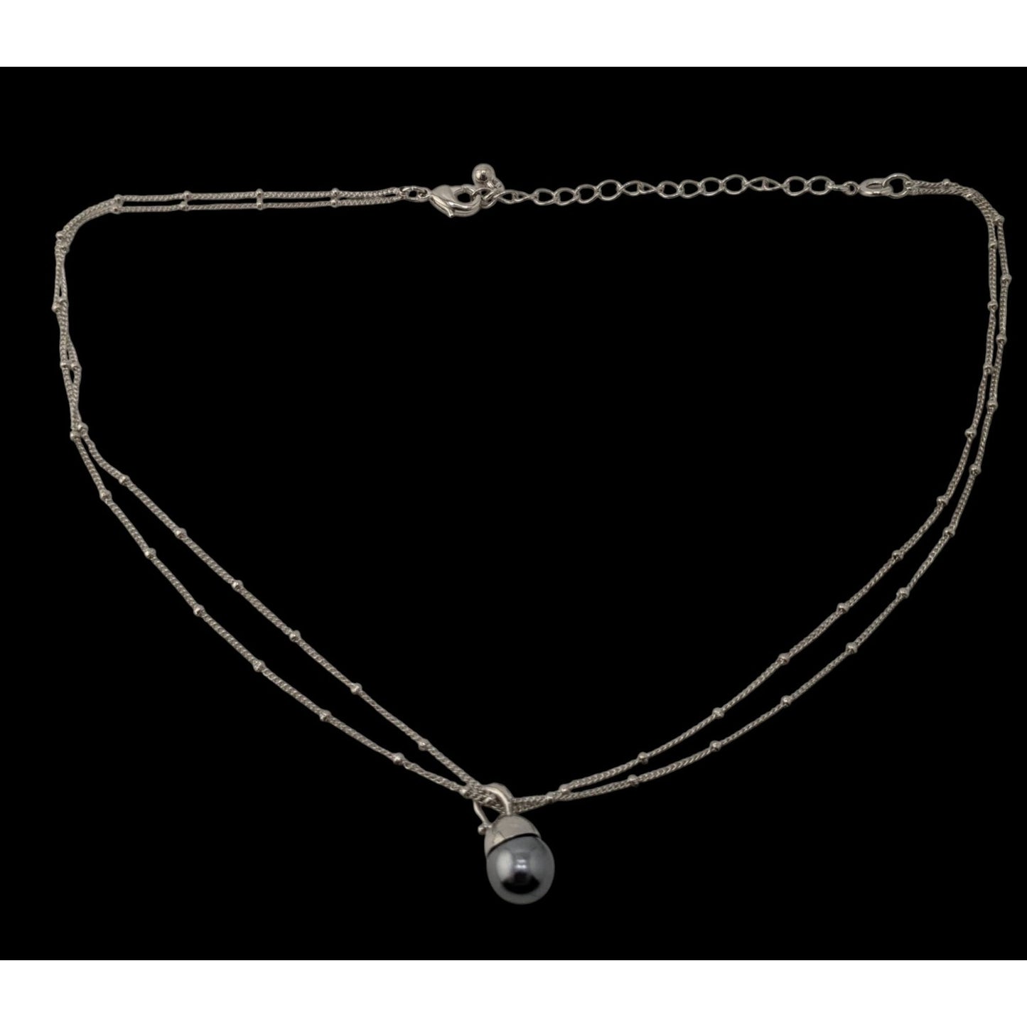 Minimalist Dainty Silver Tone Double-Strand Necklace With Silver Pearl Drop Pendant