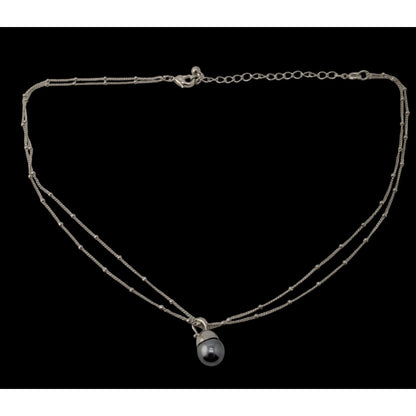 Minimalist Dainty Silver Tone Double-Strand Necklace With Silver Pearl Drop Pendant