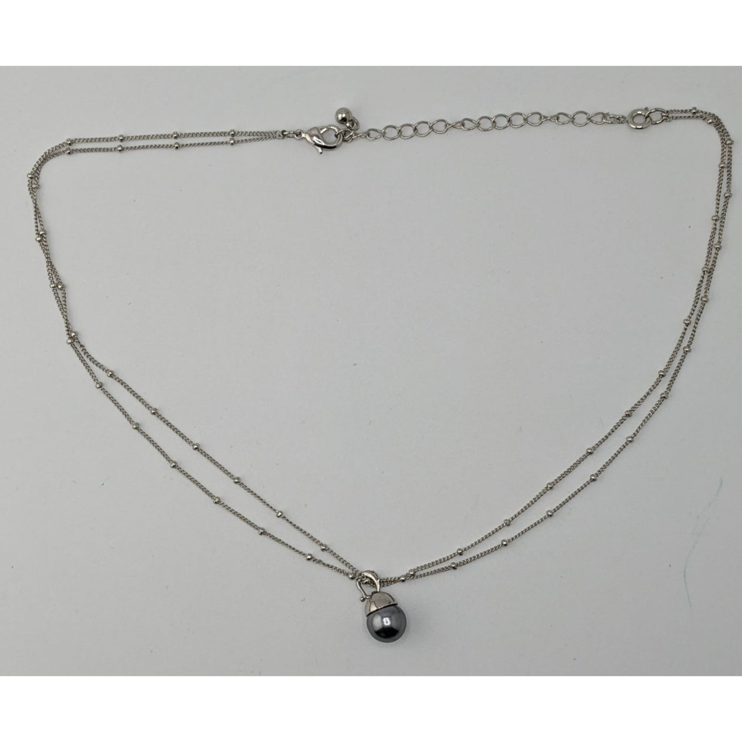 Minimalist Dainty Silver Tone Double-Strand Necklace With Silver Pearl Drop Pendant