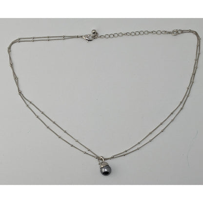 Minimalist Dainty Silver Tone Double-Strand Necklace With Silver Pearl Drop Pendant