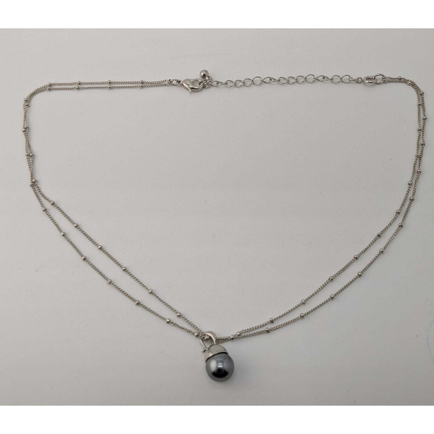Minimalist Dainty Silver Tone Double-Strand Necklace With Silver Pearl Drop Pendant