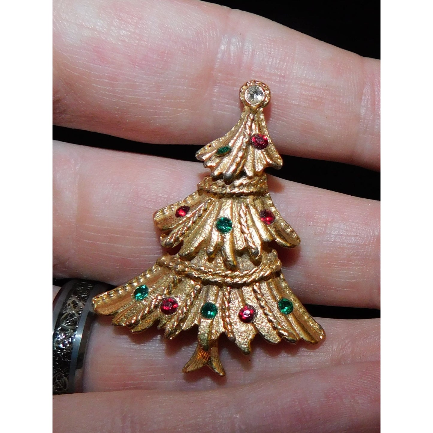 Vintage Gold Christmas Tree Brooch With Rhinestones