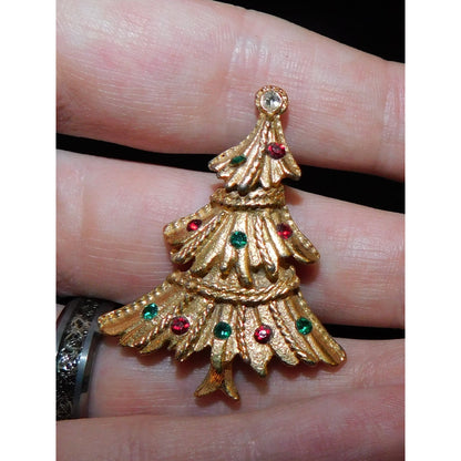 Vintage Gold Christmas Tree Brooch With Rhinestones