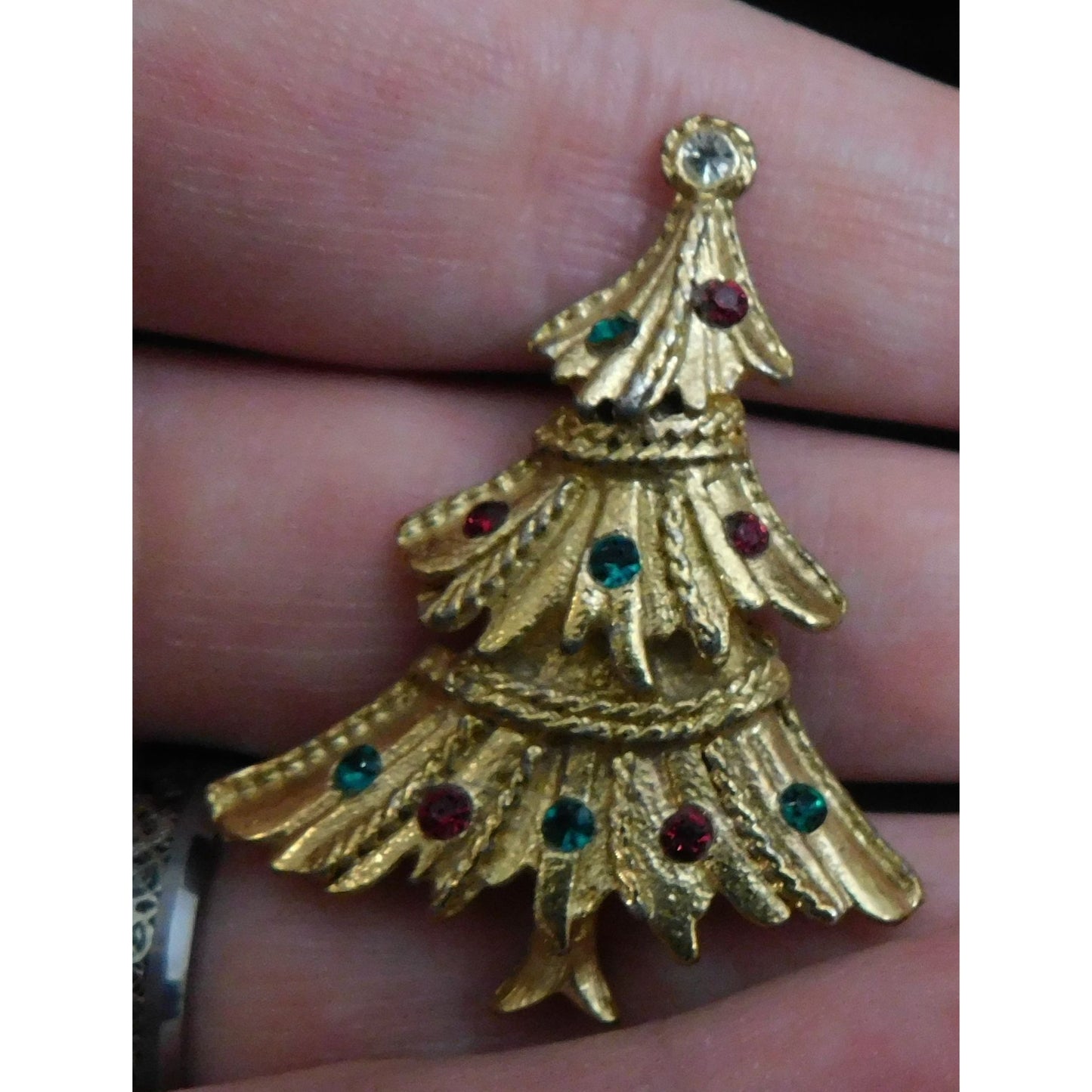 Vintage Gold Christmas Tree Brooch With Rhinestones