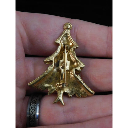 Vintage Gold Christmas Tree Brooch With Rhinestones