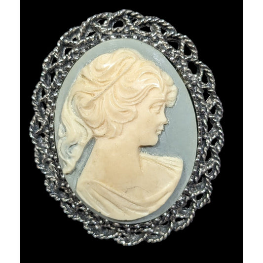 Vintage Victorian Style Blue And Silver Tone Cameo Brooch/Pendant