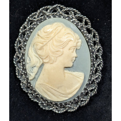 Vintage Victorian Style Blue And Silver Tone Cameo Brooch/Pendant