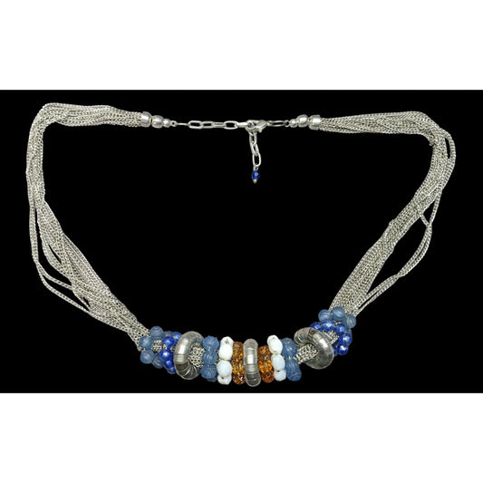 Handmade Retro Multi-Strand Silver Necklace With Beaded Rings