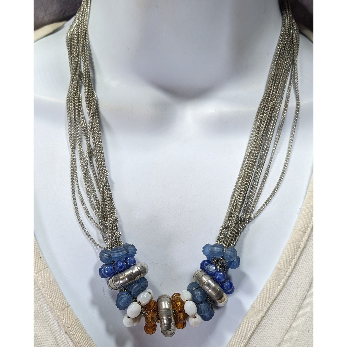 Handmade Retro Multi-Strand Silver Necklace With Beaded Rings