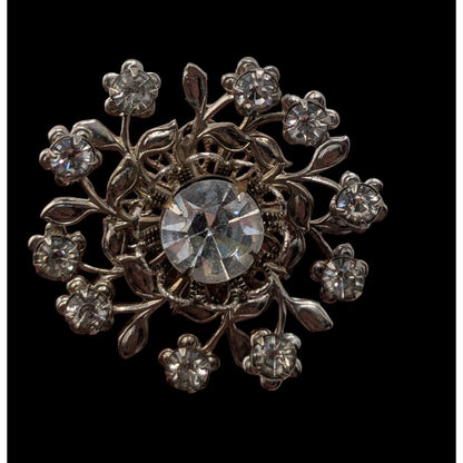 Vintage Floral Rhinestone Brooch Silver Midcentury Glam Pin