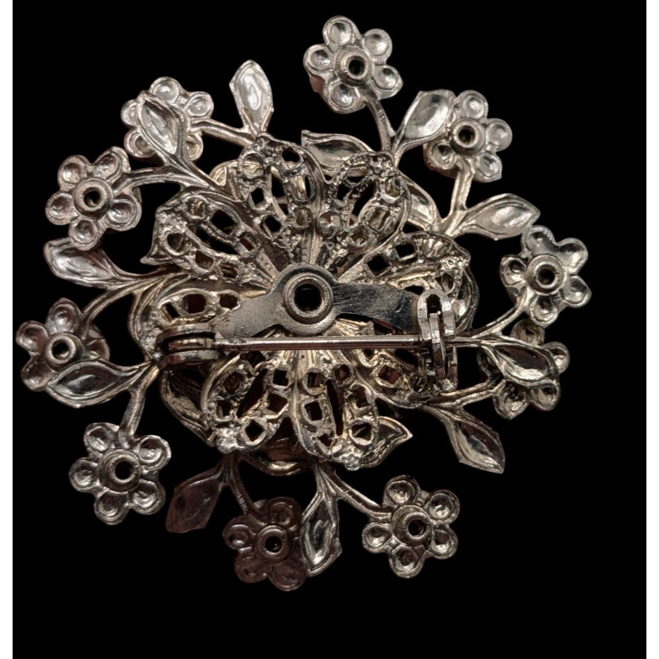 Vintage Floral Rhinestone Brooch Silver Midcentury Glam Pin