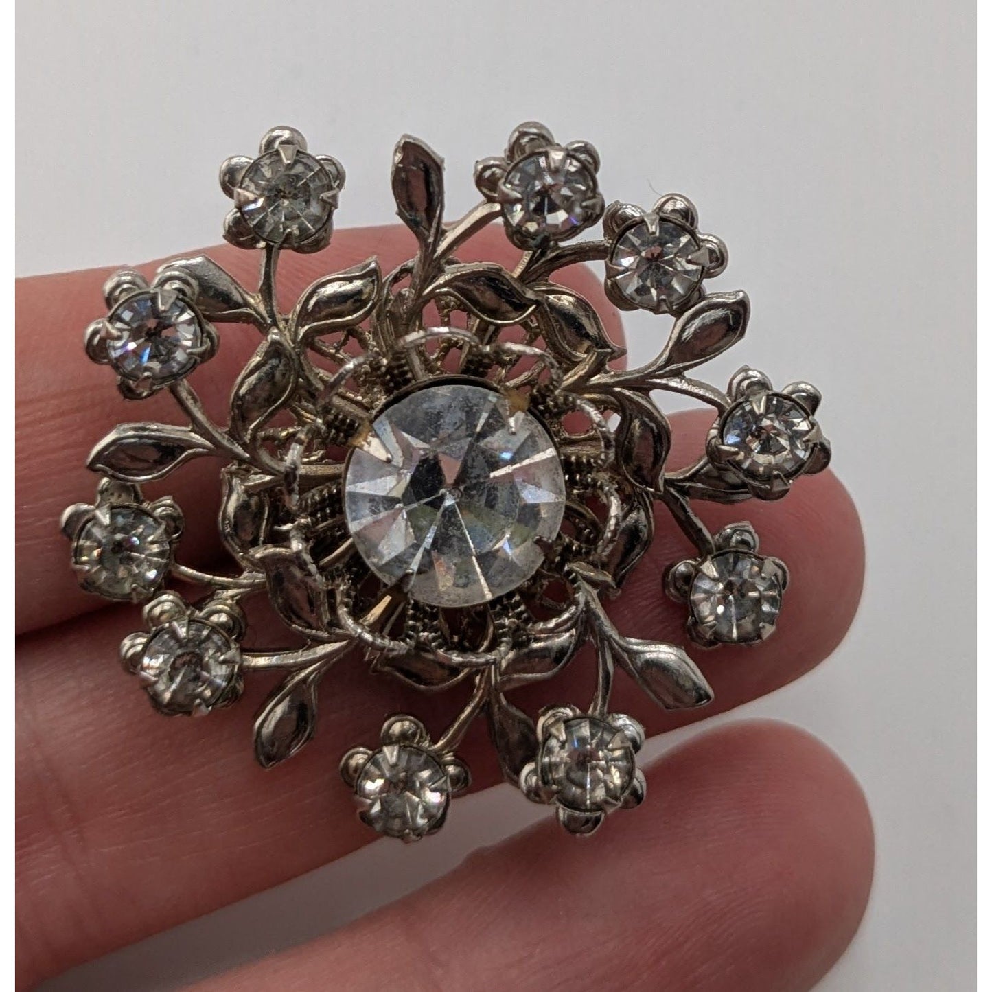 Vintage Floral Rhinestone Brooch Silver Midcentury Glam Pin
