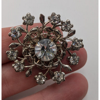 Vintage Floral Rhinestone Brooch Silver Midcentury Glam Pin