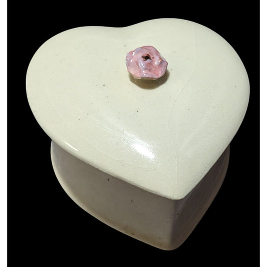 Vintage Cream And Pink Heart Floral Lidded Trinket Box