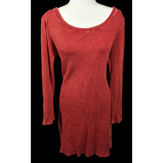 Able Bohemian Textured Knit Thermal Dress With Embroidered Floral Applique Accents