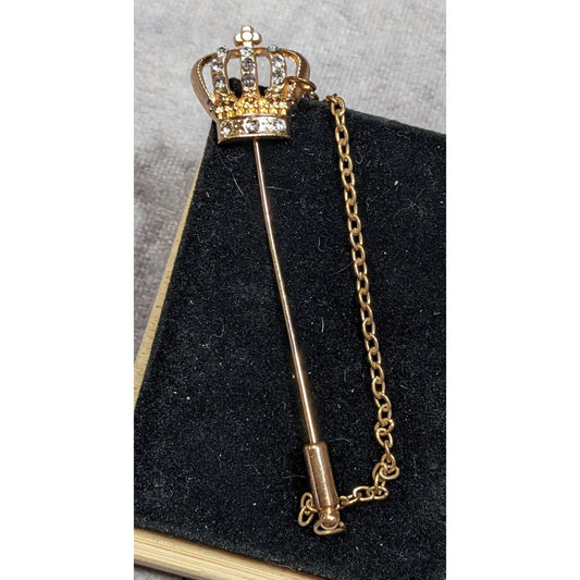 Vintage Crown Shaped Gold Tone Rhinestone Stick Pin