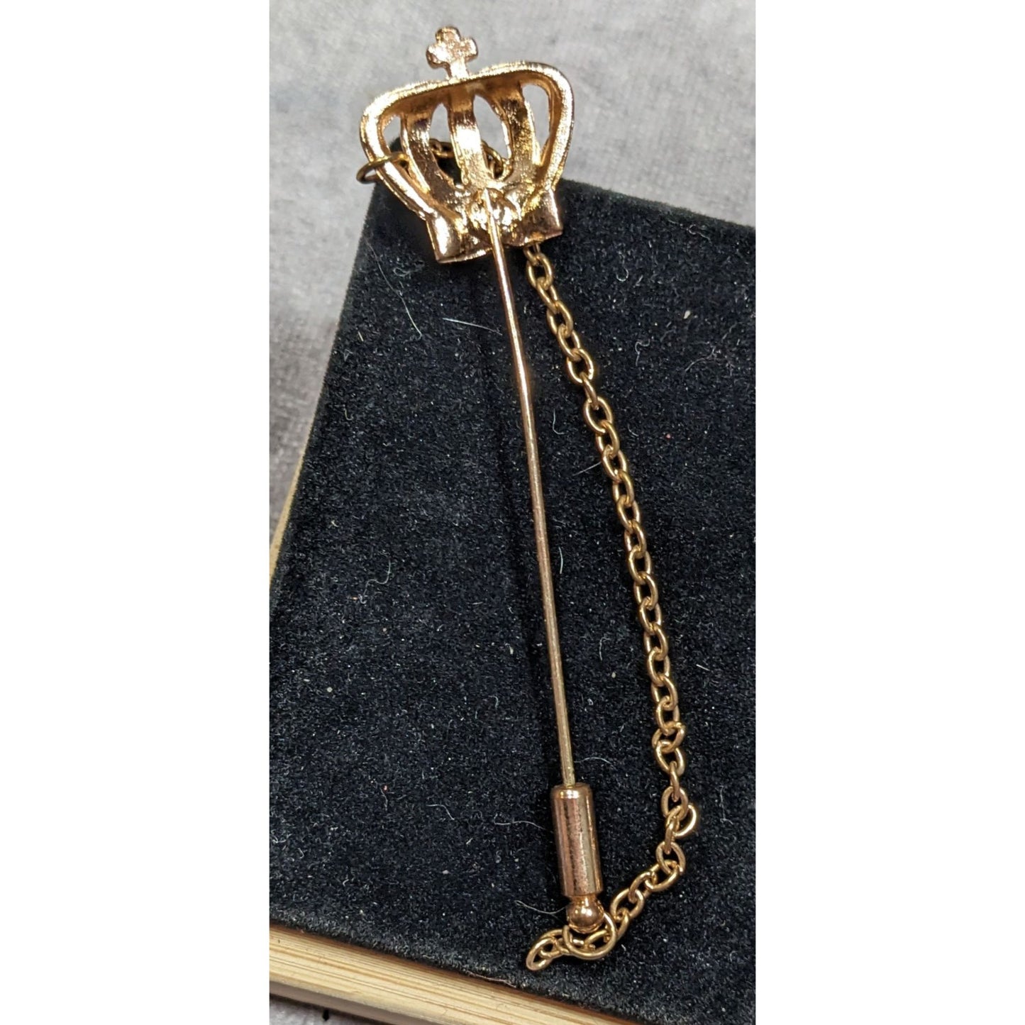 Vintage Crown Shaped Gold Tone Rhinestone Stick Pin