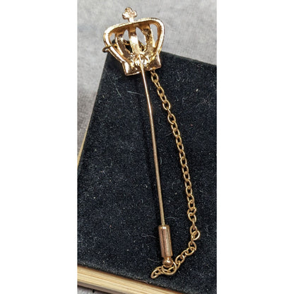 Vintage Crown Shaped Gold Tone Rhinestone Stick Pin
