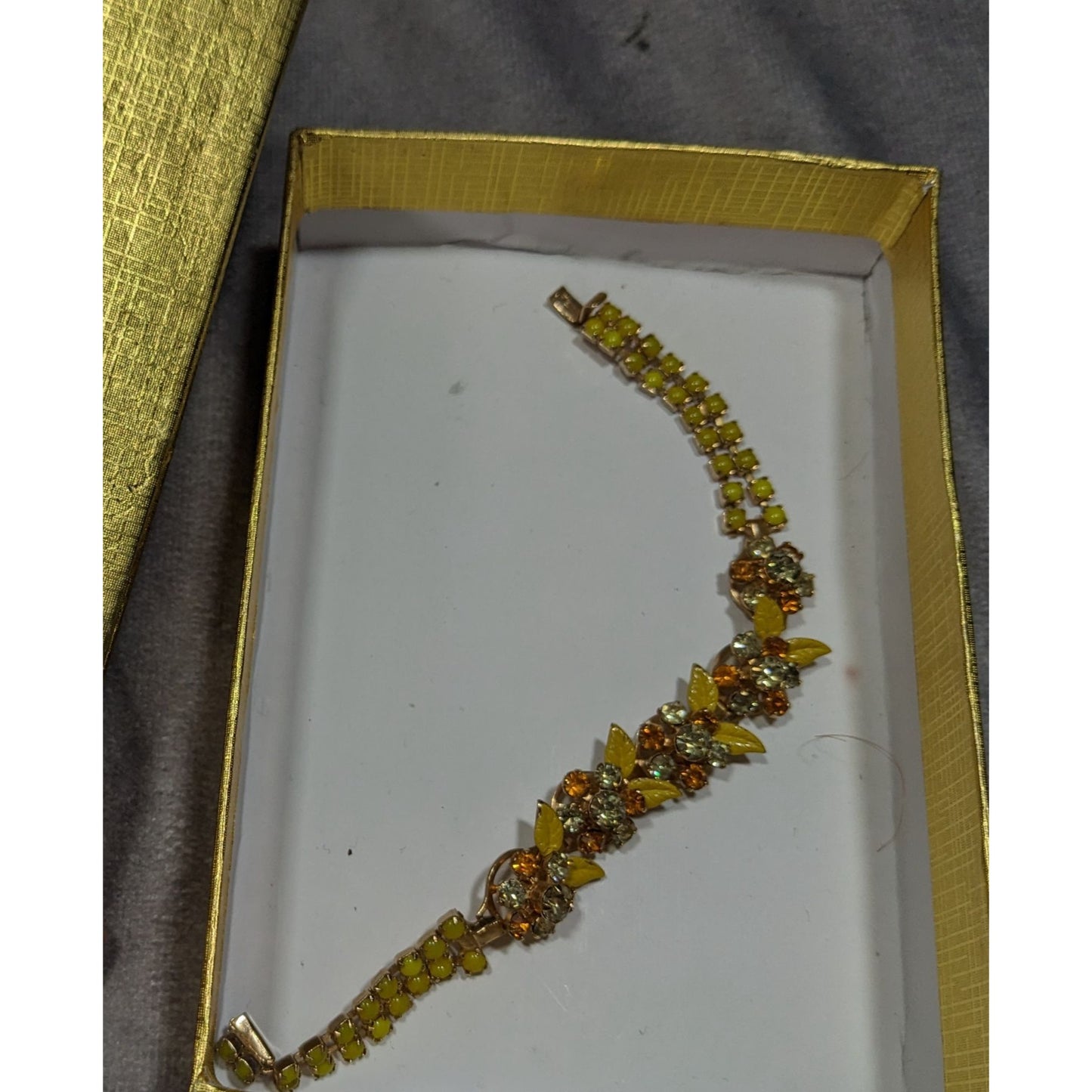 Vintage 50s Weiss NY Yellow Floral Rhinestone Bracelet