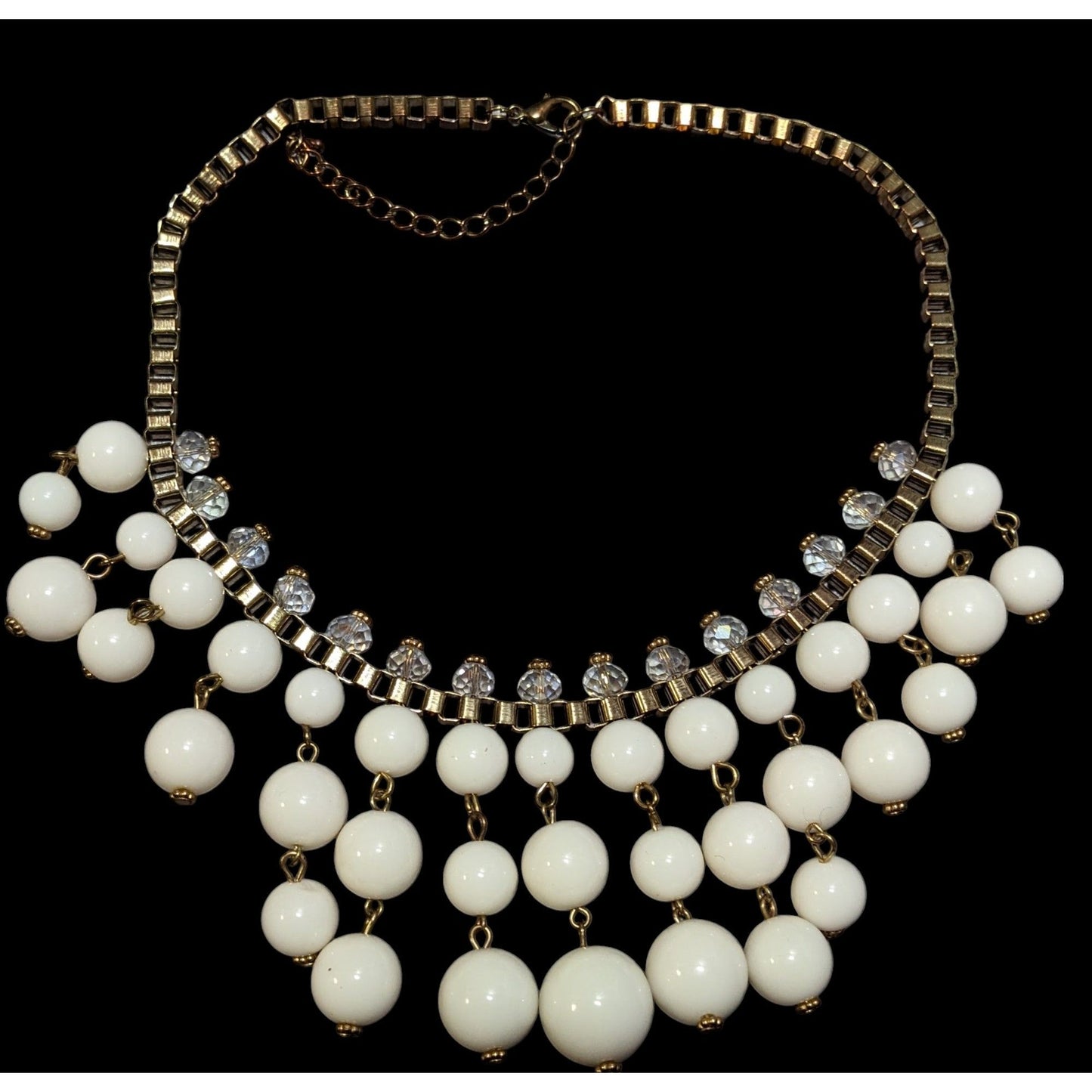 Y2K Chunky White Clear And Gold Tone Beaded Fringe Necklace