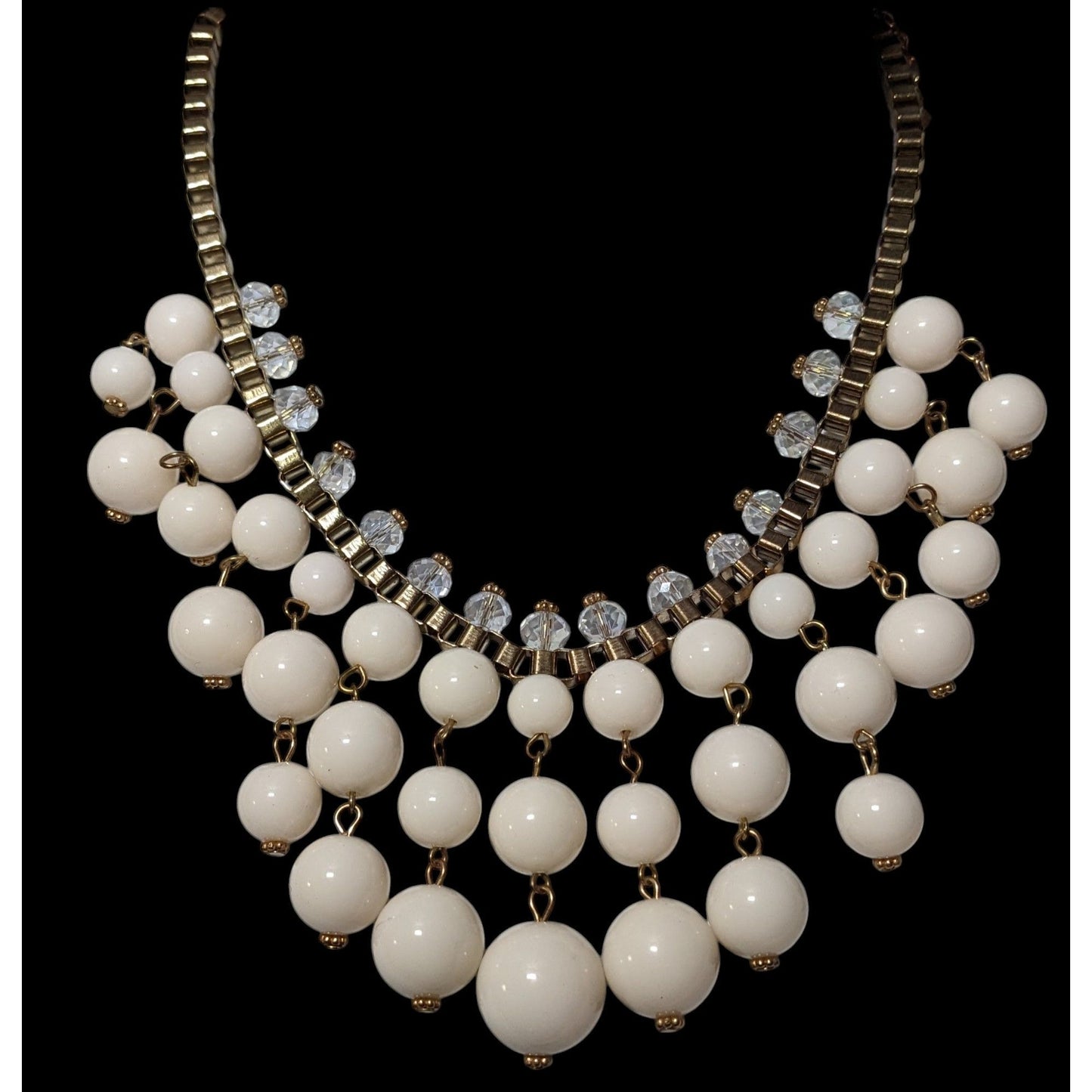 Y2K Chunky White Clear And Gold Tone Beaded Fringe Necklace