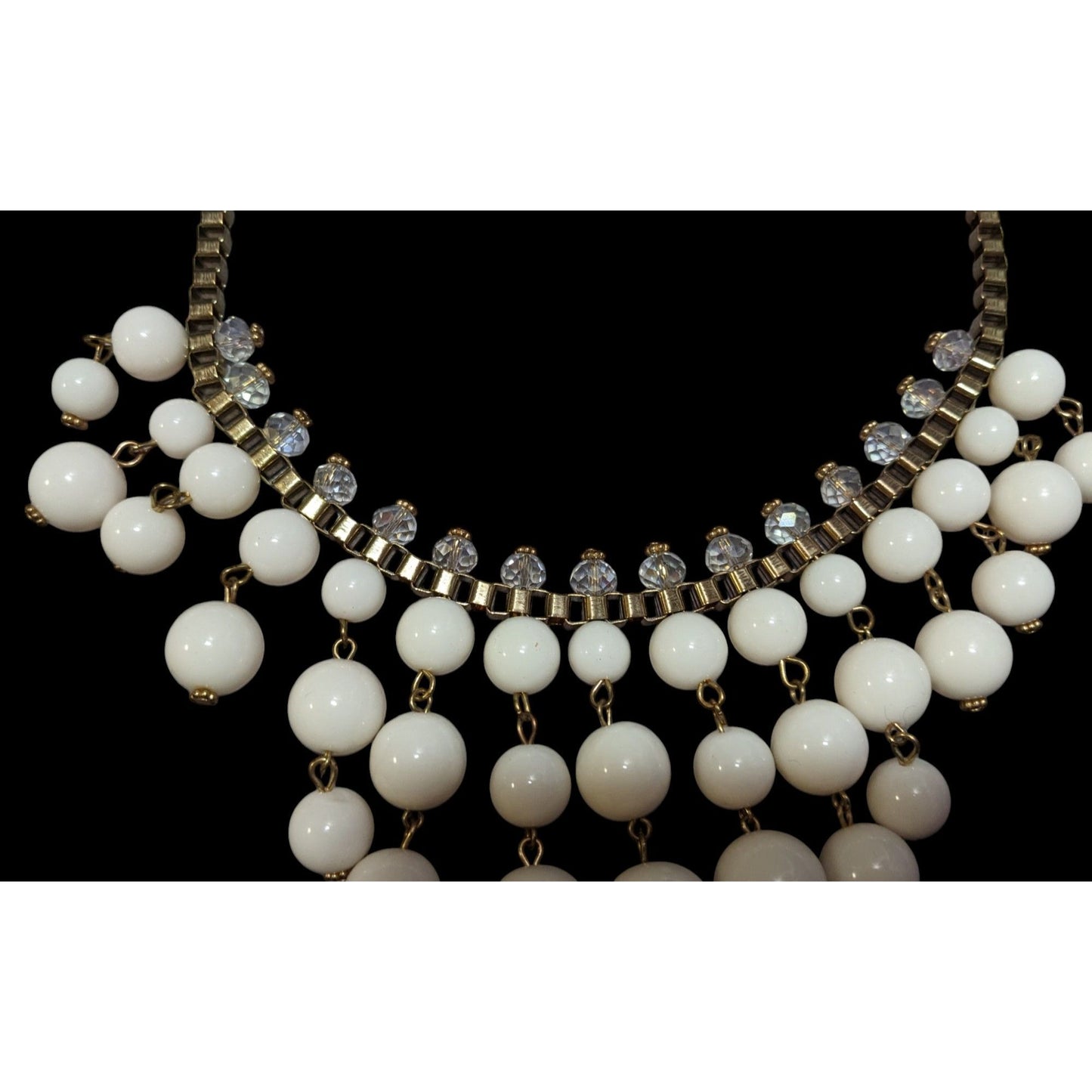 Y2K Chunky White Clear And Gold Tone Beaded Fringe Necklace