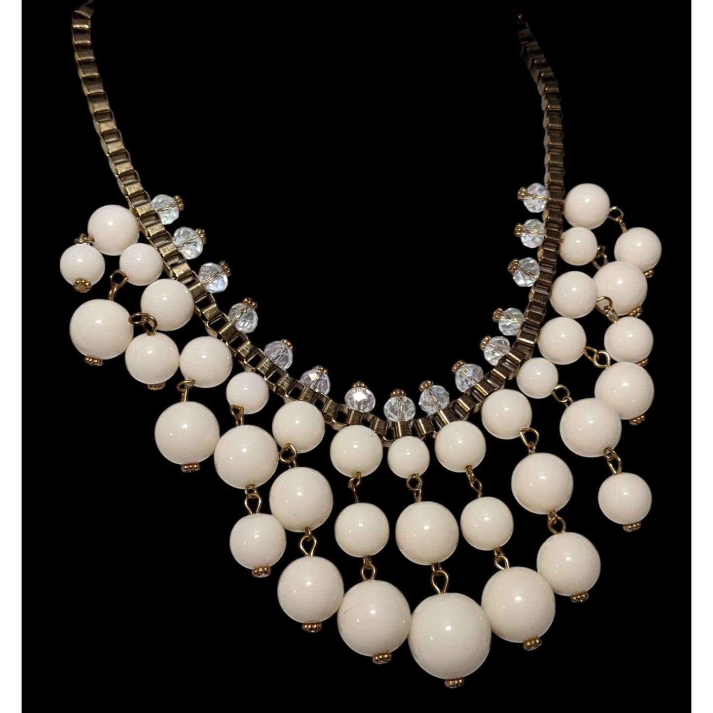 Y2K Chunky White Clear And Gold Tone Beaded Fringe Necklace