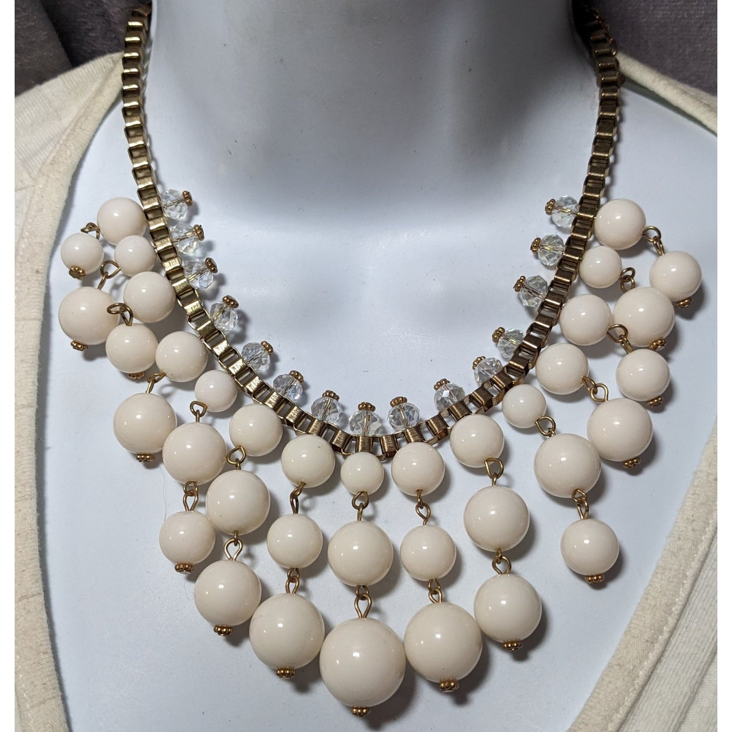 Y2K Chunky White Clear And Gold Tone Beaded Fringe Necklace