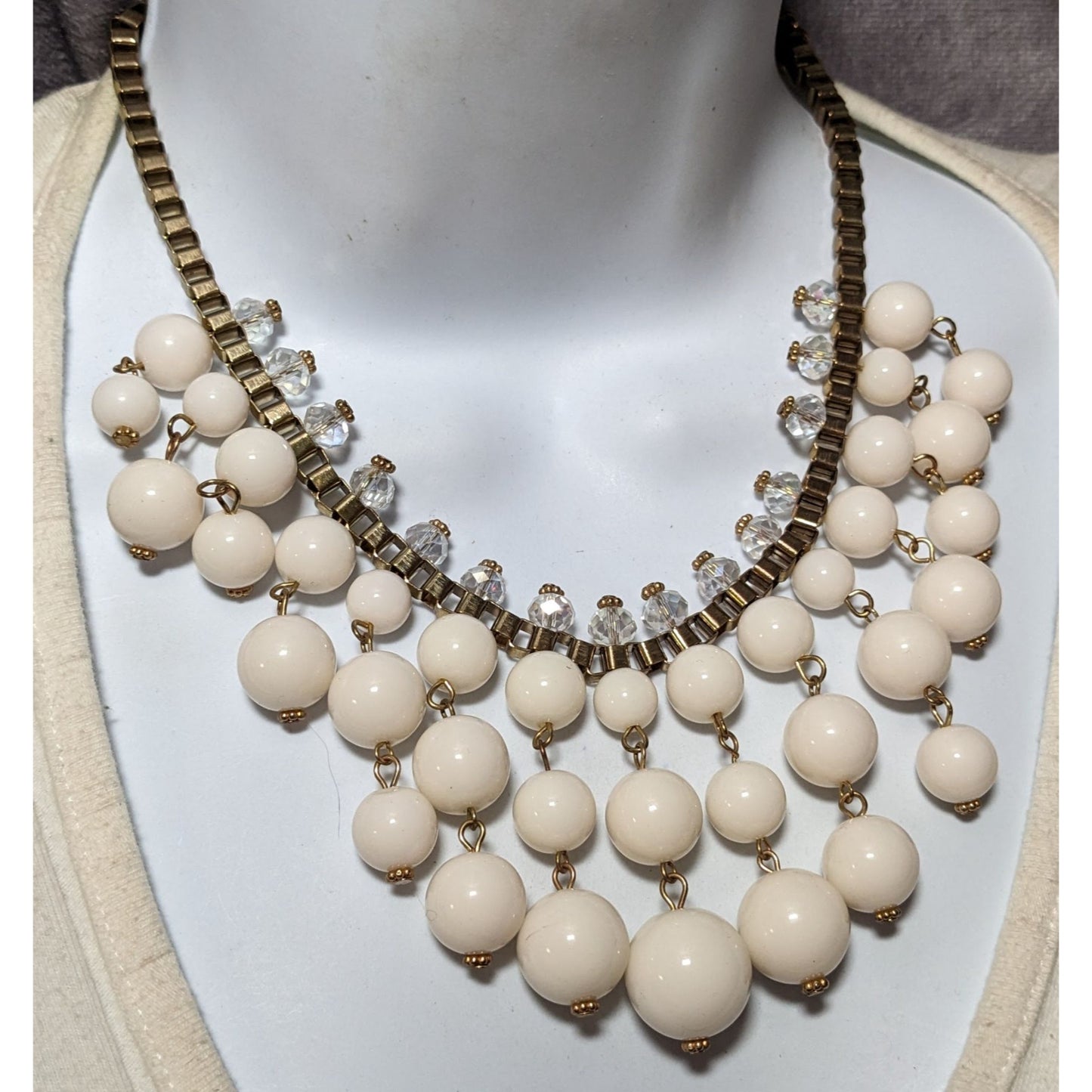 Y2K Chunky White Clear And Gold Tone Beaded Fringe Necklace