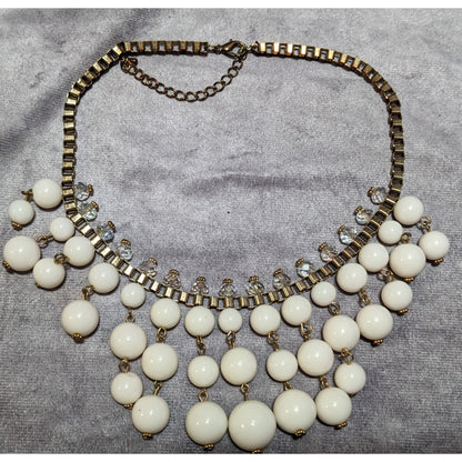 Y2K Chunky White Clear And Gold Tone Beaded Fringe Necklace