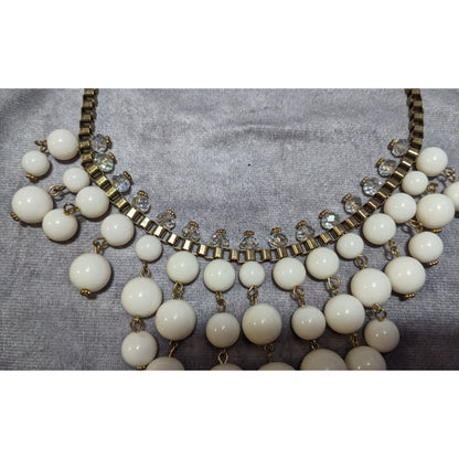 Y2K Chunky White Clear And Gold Tone Beaded Fringe Necklace