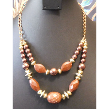 Vintage Rustic Glam Brown And Gold Tone Layered Beaded Necklace