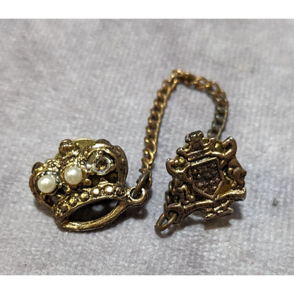 Vintage Crown And Crest Gold Tone Collar Pins With Chain