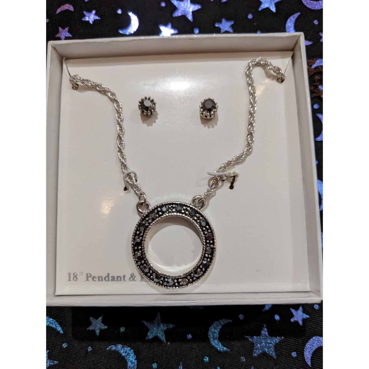 Black And Silver Tone Open Circle Pendant With Matching Stud Earrings