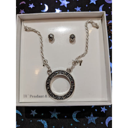 Black And Silver Tone Open Circle Pendant With Matching Stud Earrings