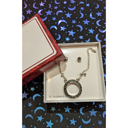 Black And Silver Tone Open Circle Pendant With Matching Stud Earrings